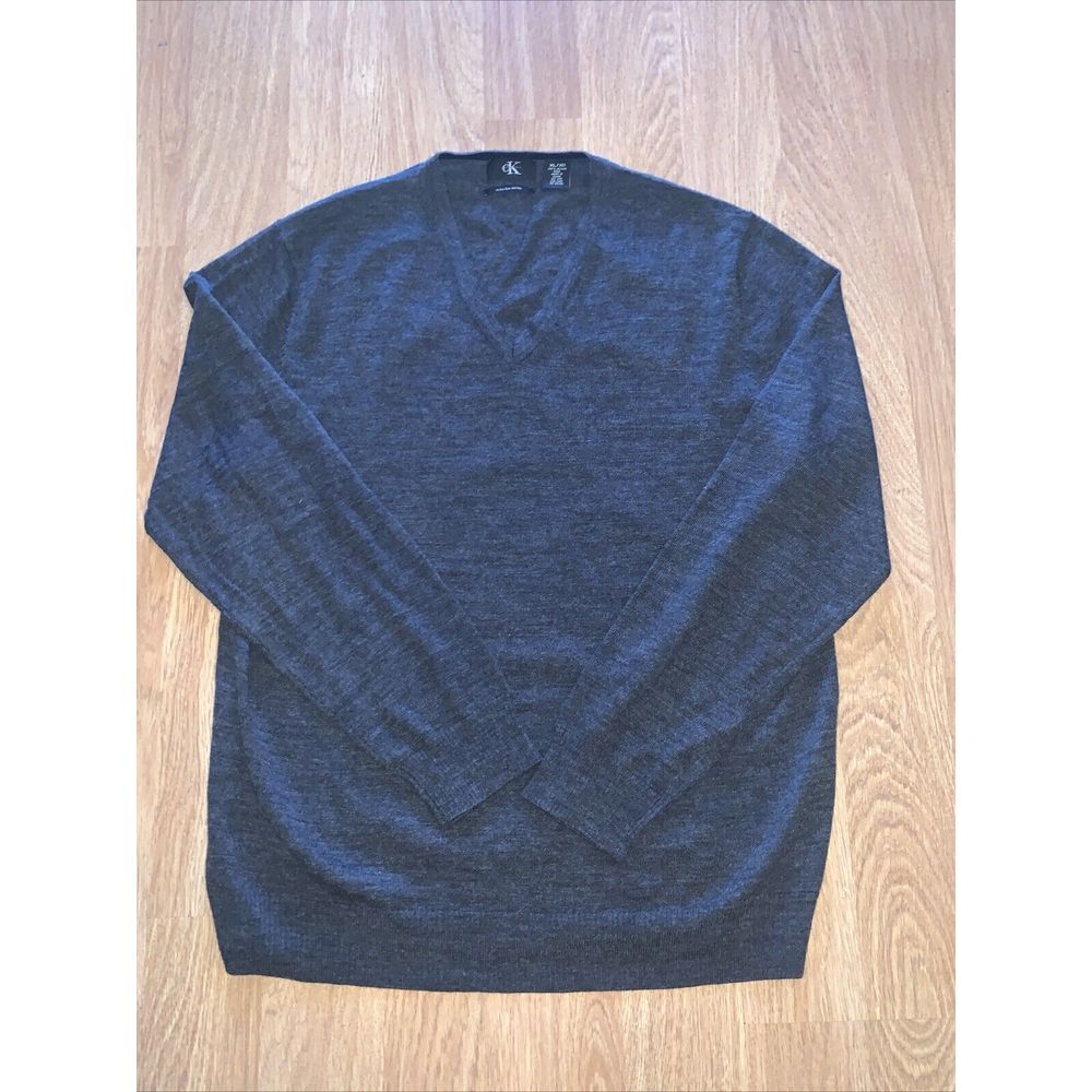 Calvin‎ Klein Men's Sweater Charcoal Gray V Neck 100% Merino Wool Size XL